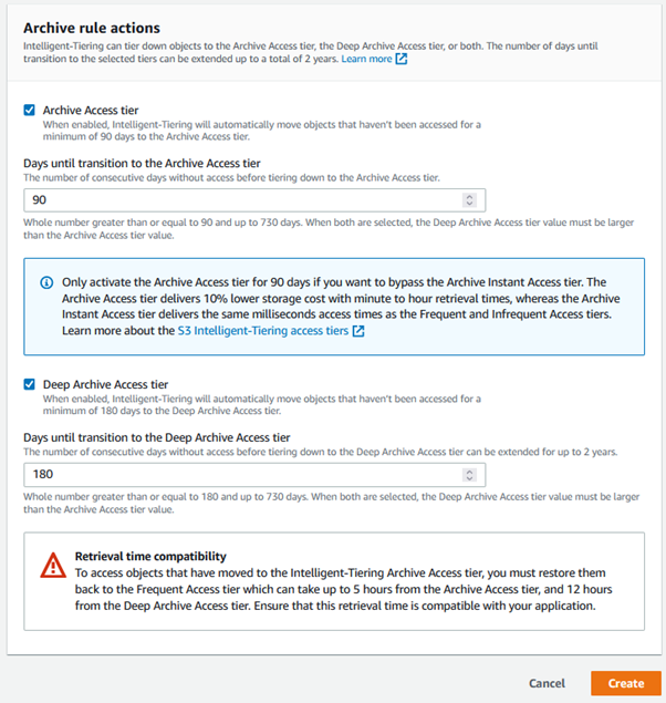 AWS Console S3 properties Intelligent Tiering archive rule actions screen.
