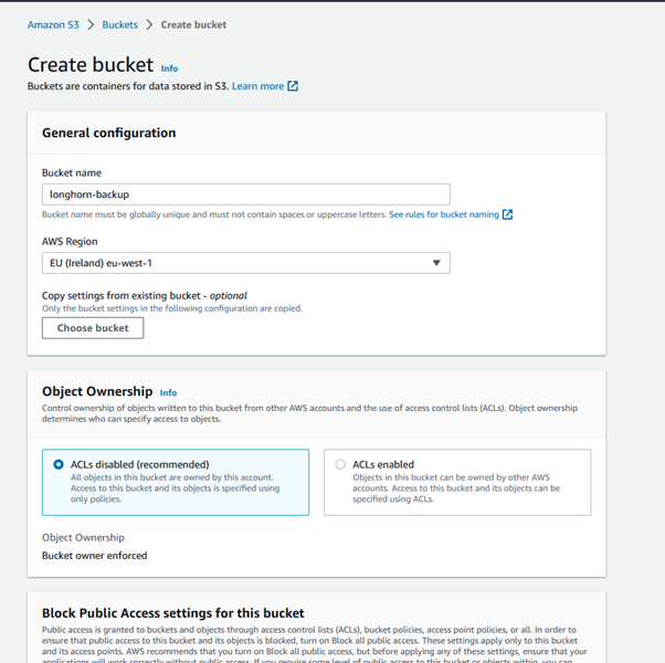AWS Console S3 create bucket menu