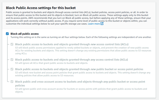 AWS Console S3 create bucket menu over the public access policy option list