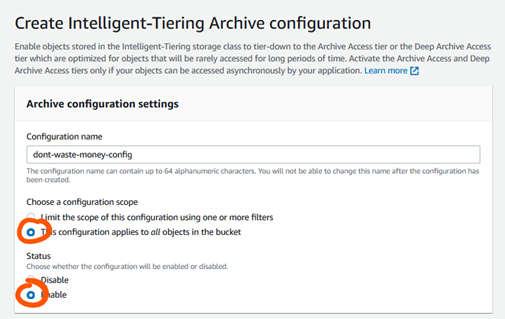 AWS Console S3 properties Intelligent Tiering config