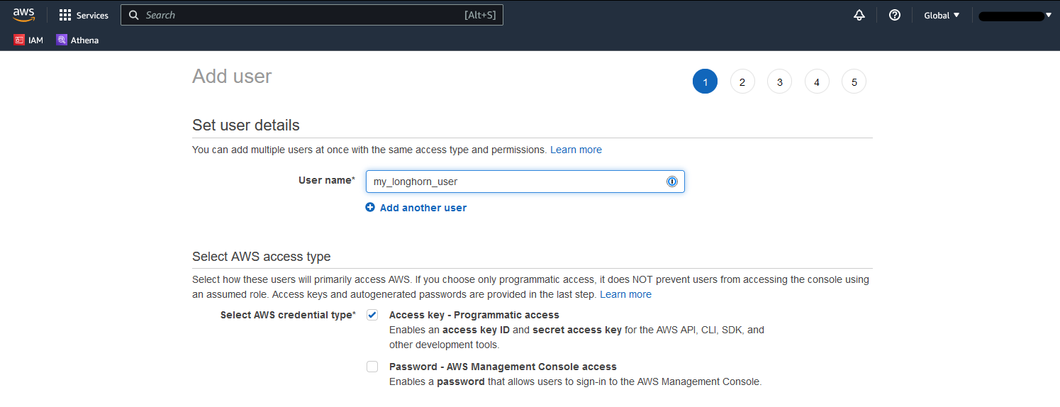 AWS Console on the IAM service adding a new user.