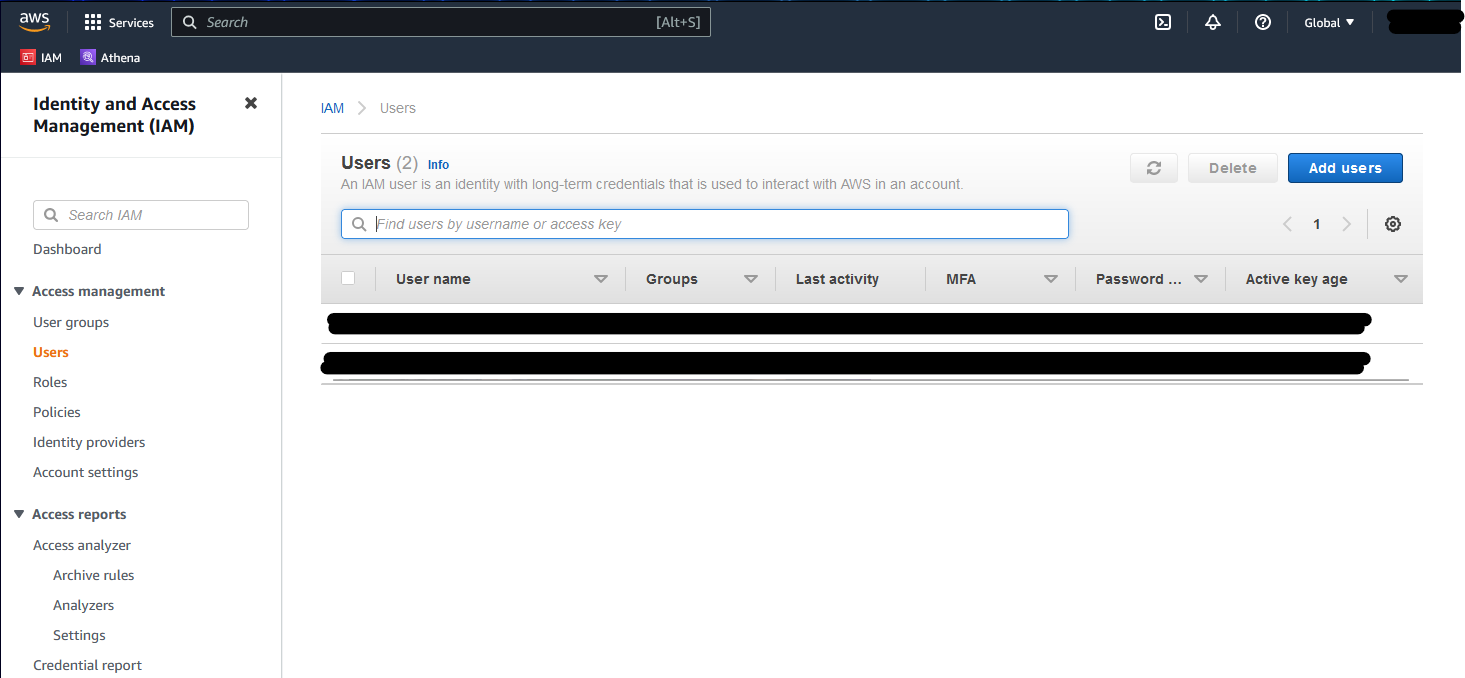 AWS Console on the IAM service with the Users option selected.