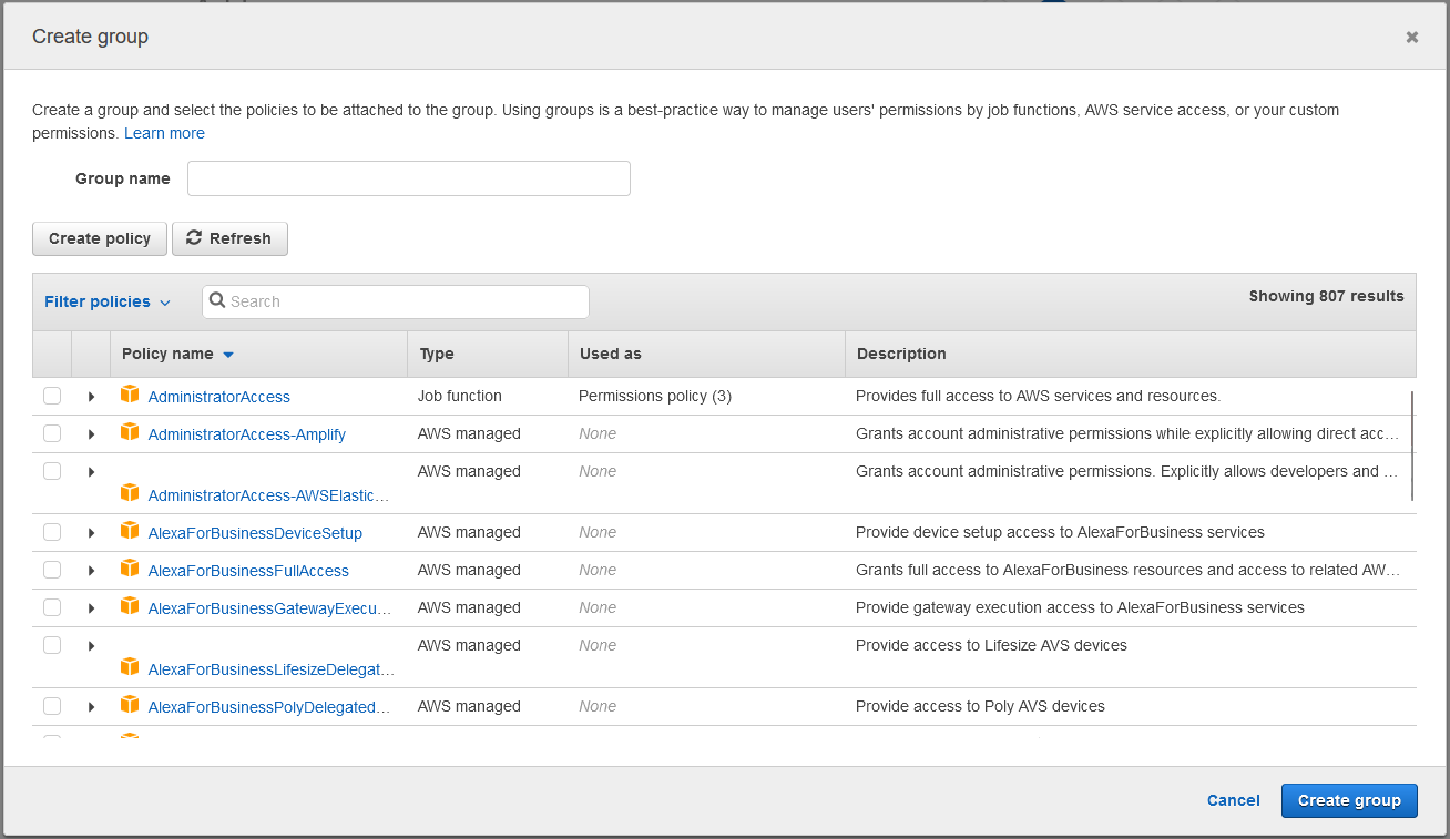 AWS Console create new user group menu