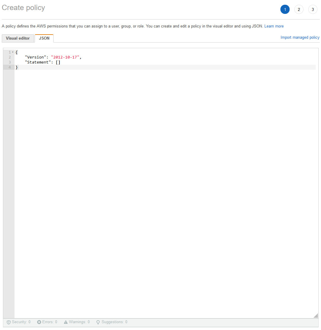 AWS Console new group custom policy screen, with the json tab selected.