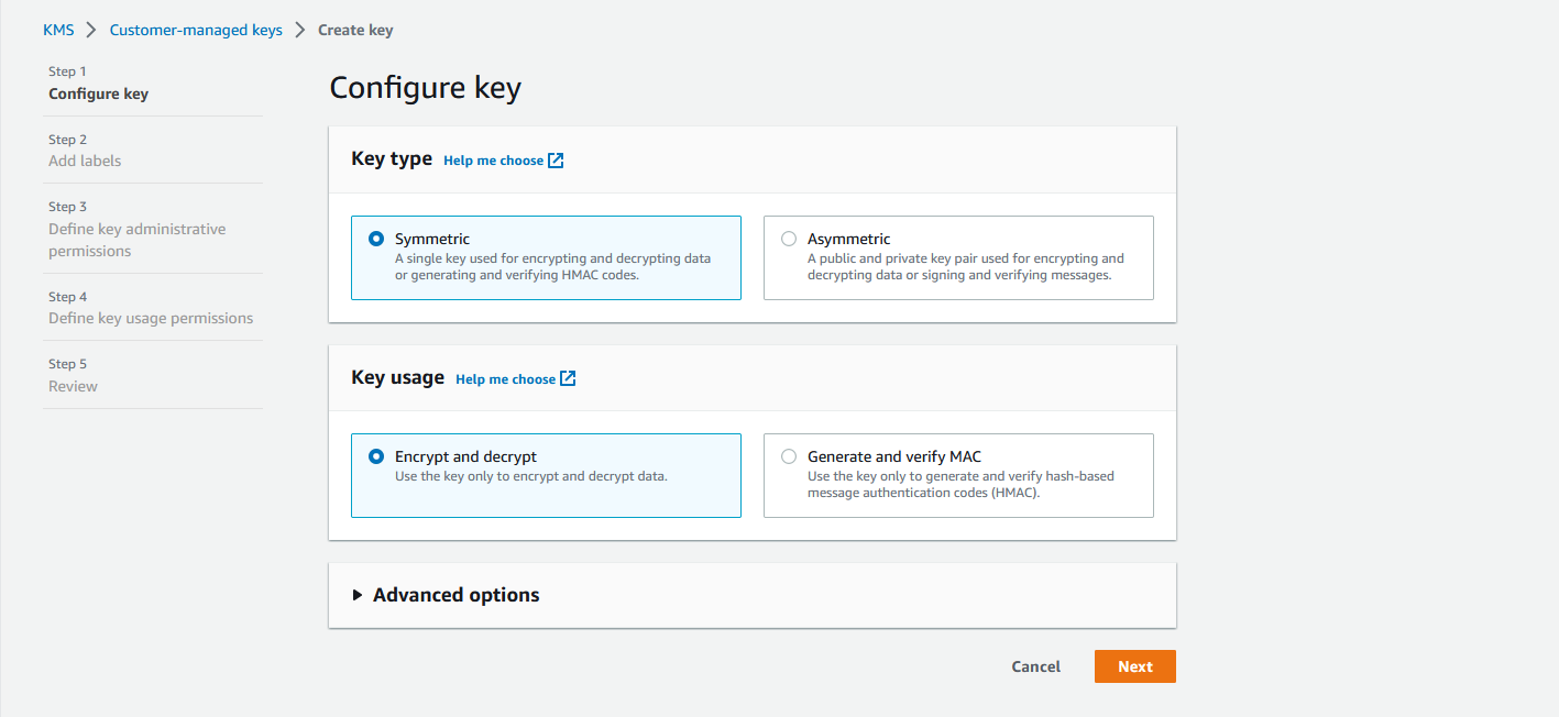 AWS Console KMS menu specifying a alias.