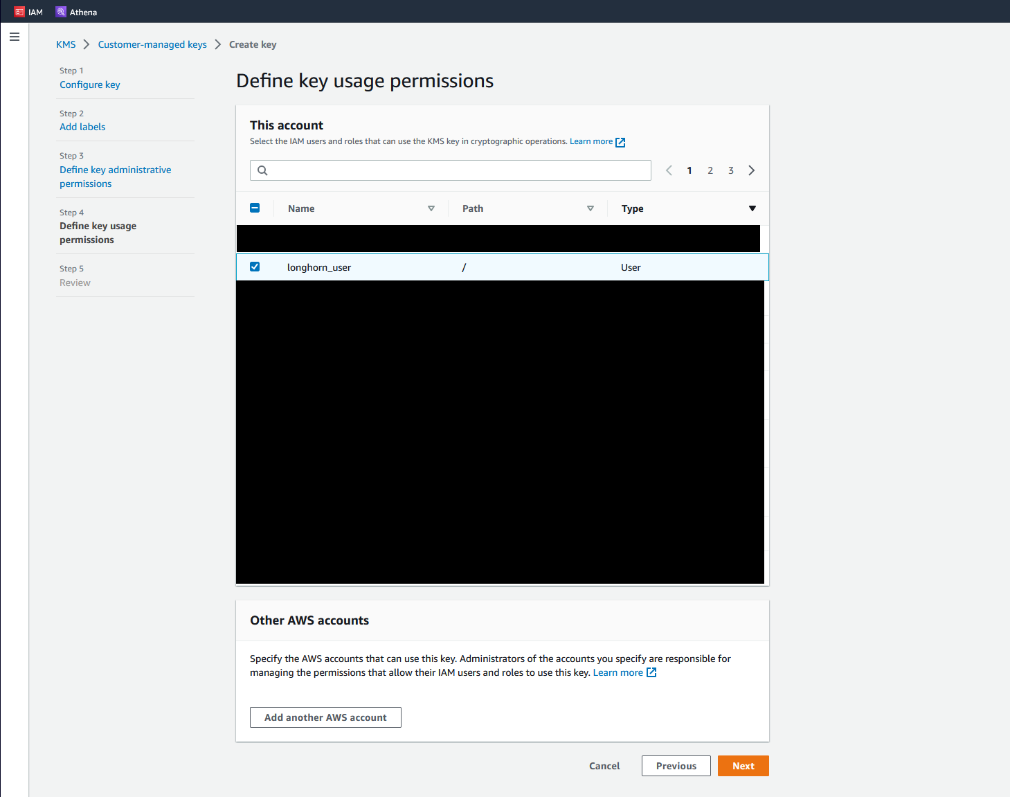 AWS Console KMS menu specifying a usage permission users for the KMS key.