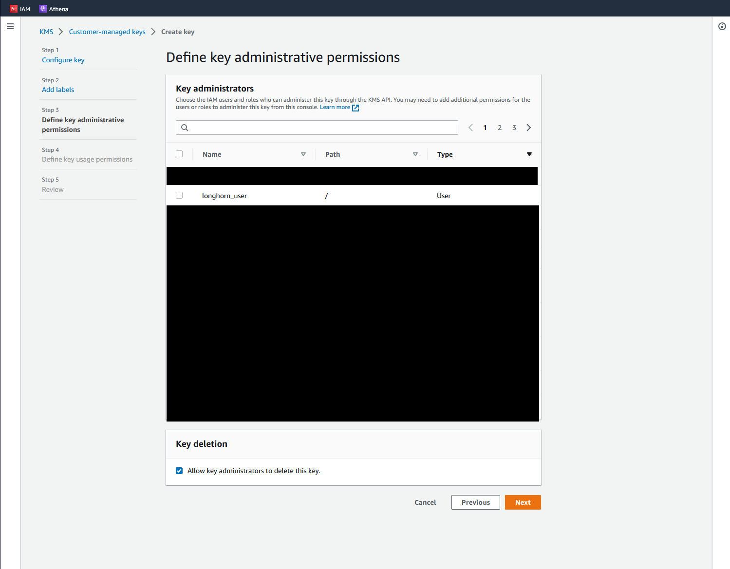 AWS Console KMS menu specifying a administrate user for the KMS key.