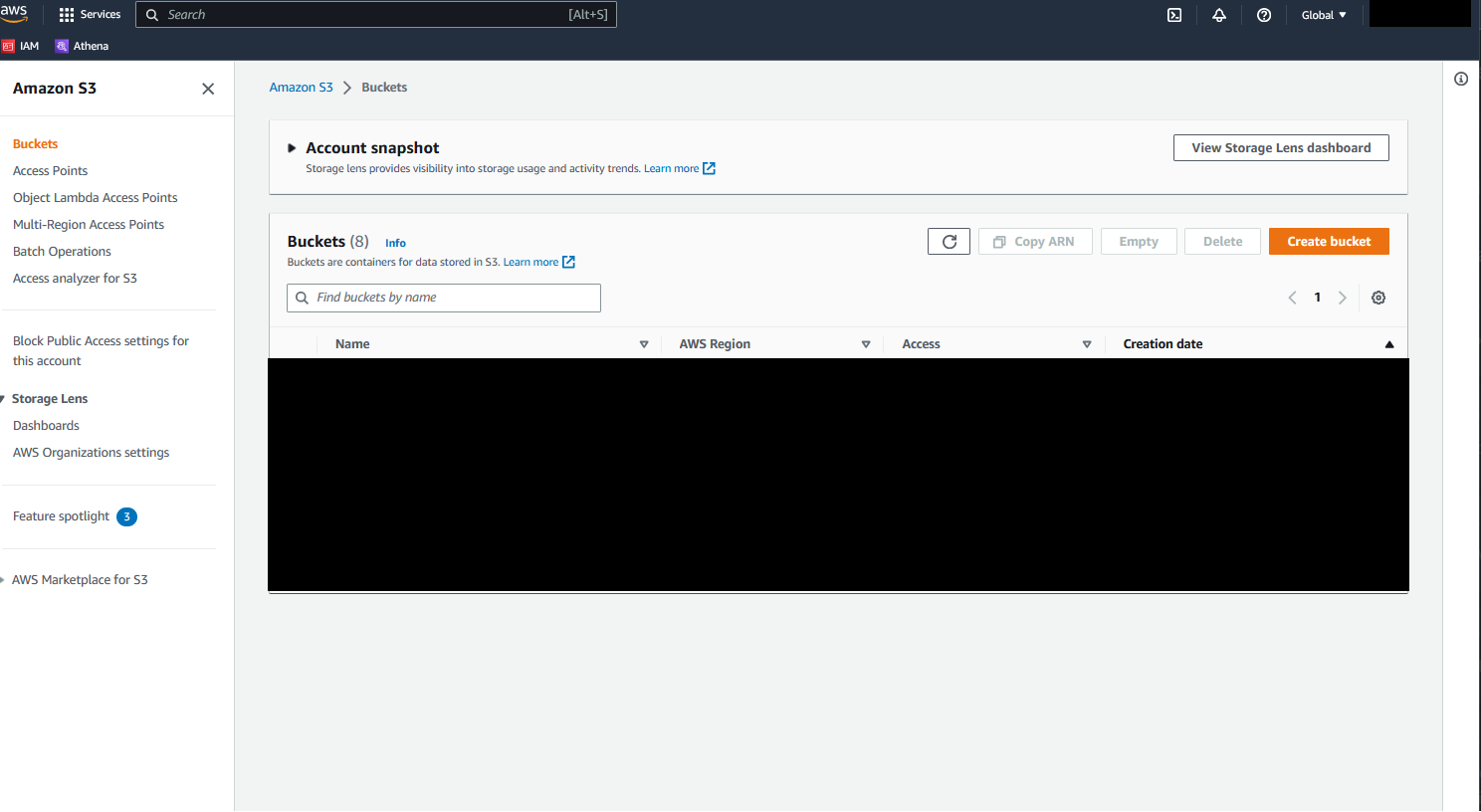 AWS Console S3 menu creating a bucket