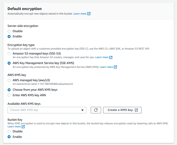 AWS Console S3 create bucket menu on the encryption sub-menu