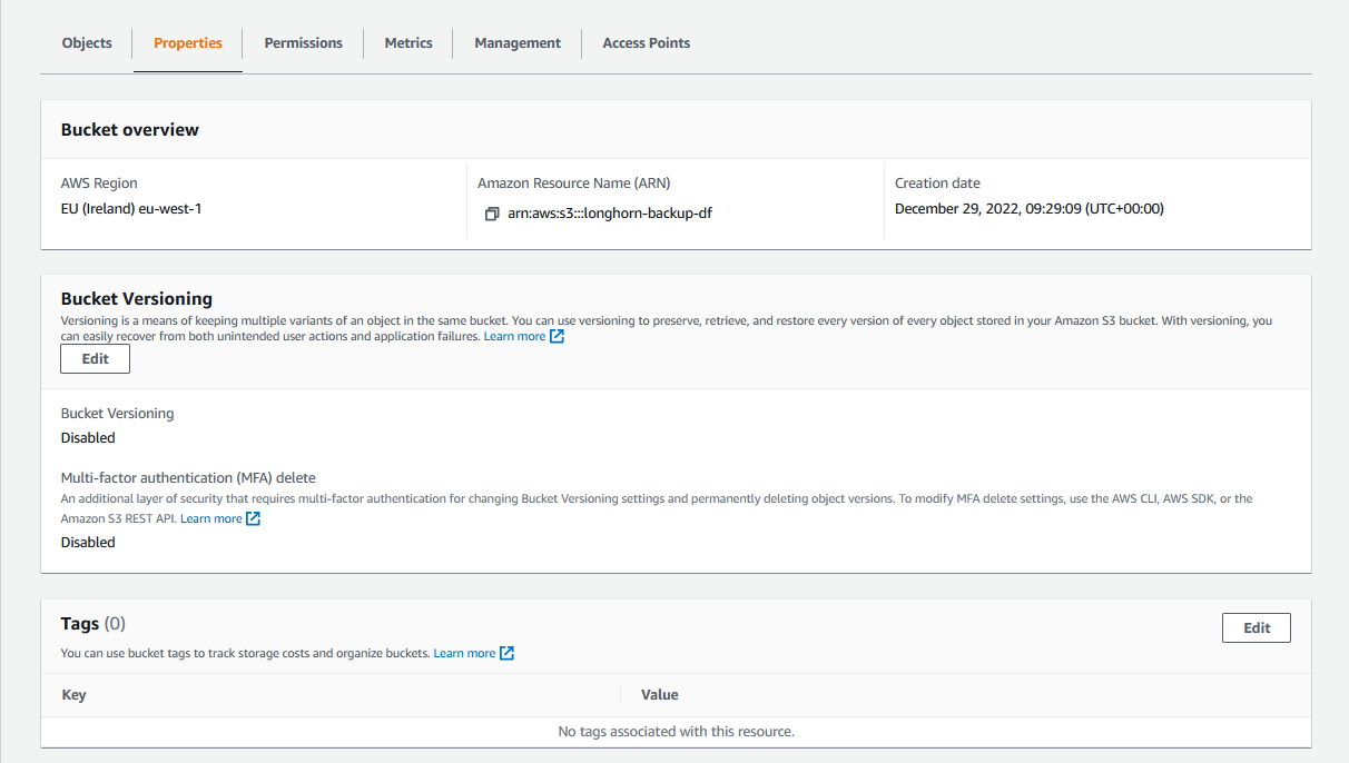 AWS Console S3 properties