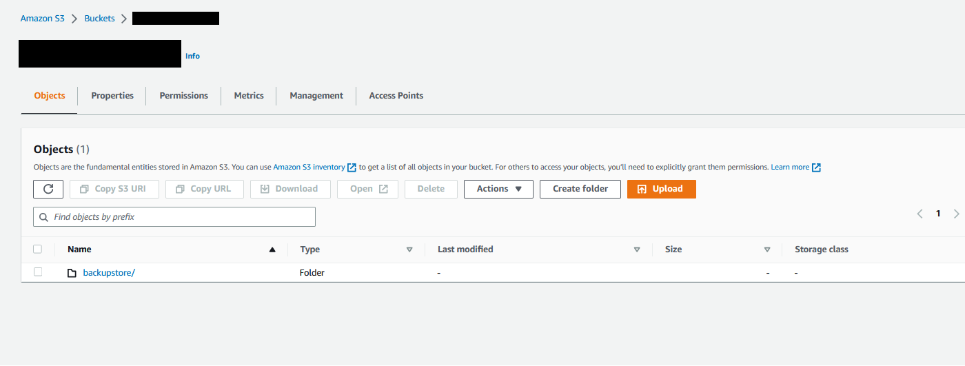 AWS S3 Console in the objects tab showing newly created Longhorn folder.