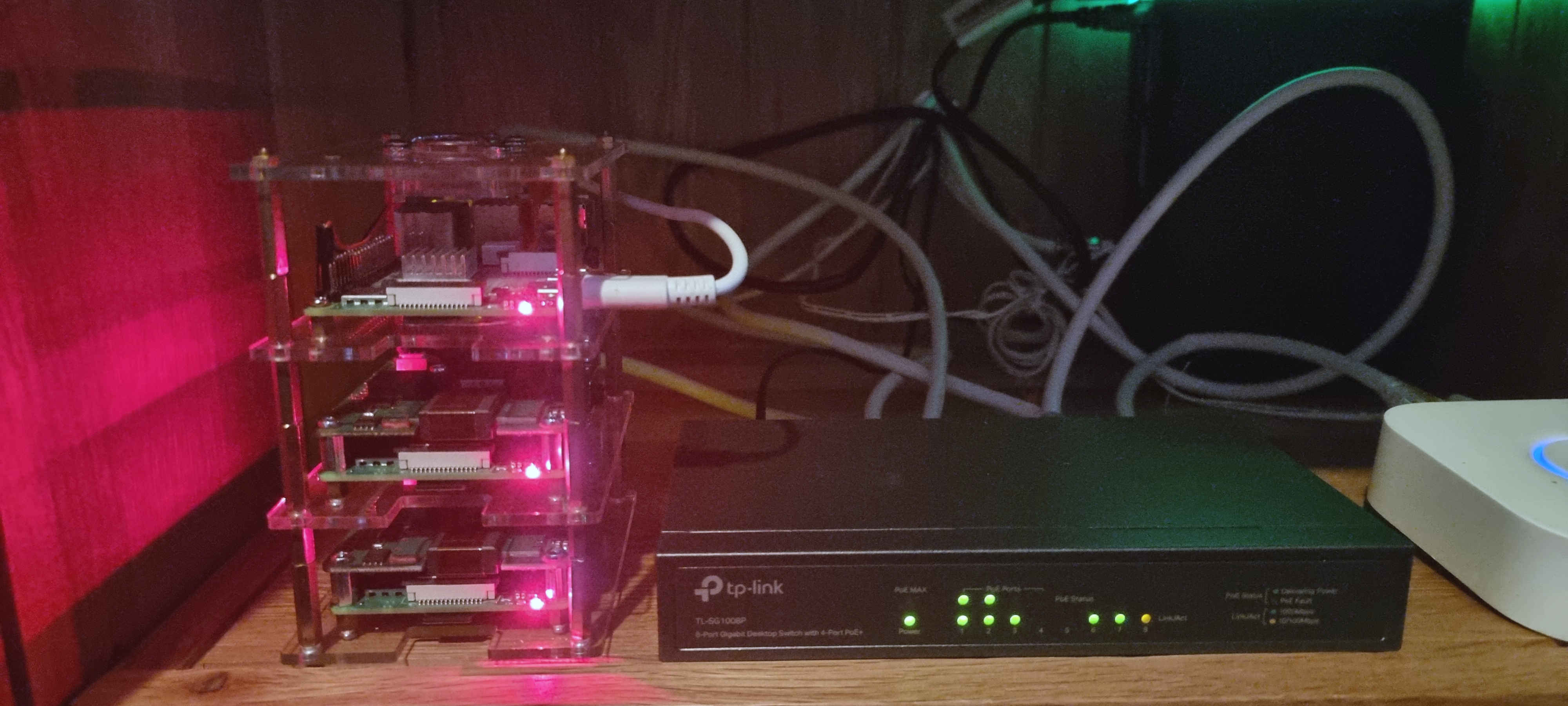 raspberry pi rig, with three pies and a POE plus switch
